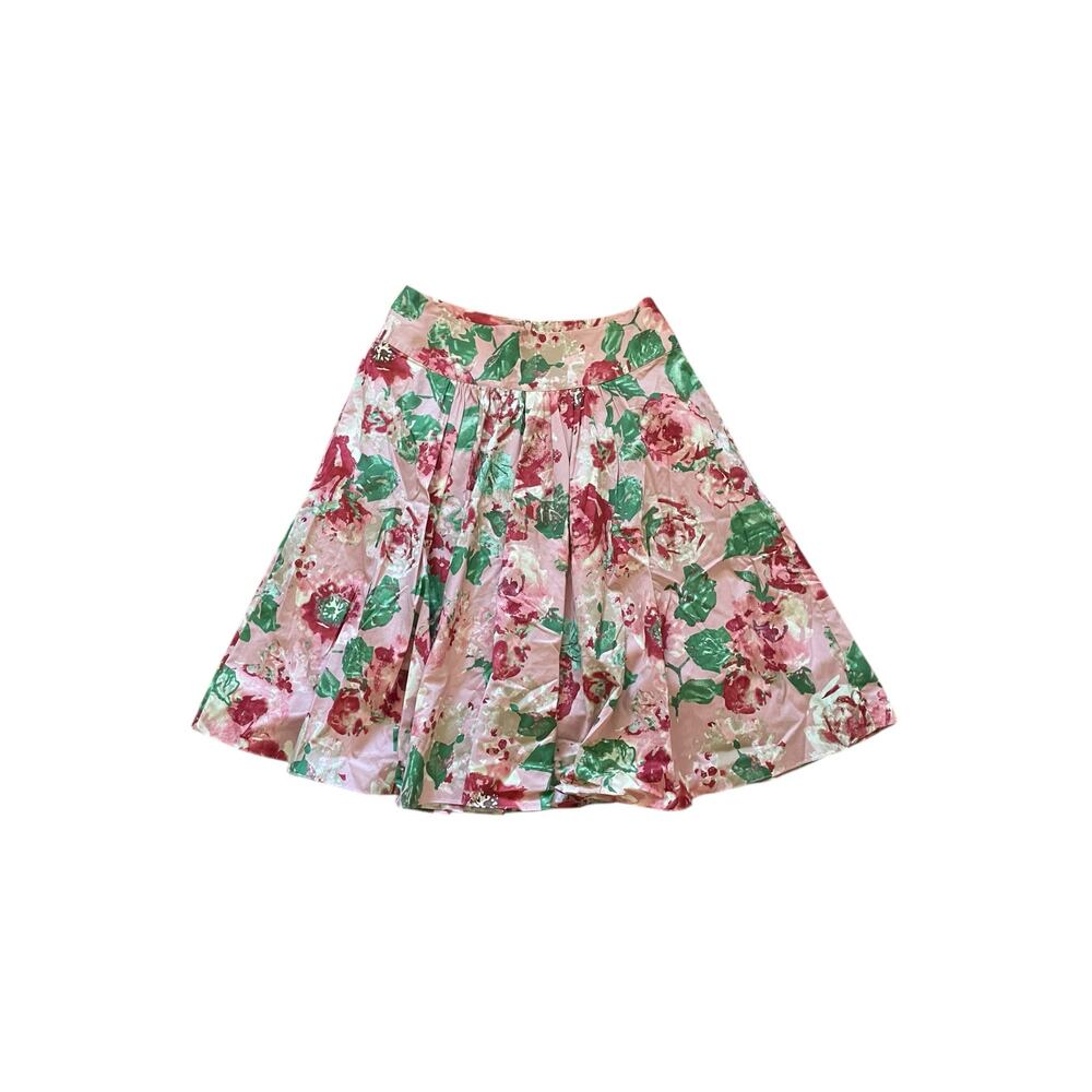 NWOT Talbots Pink Green Floral Patterned Full Lined Stretch Midi Skirt Size 8